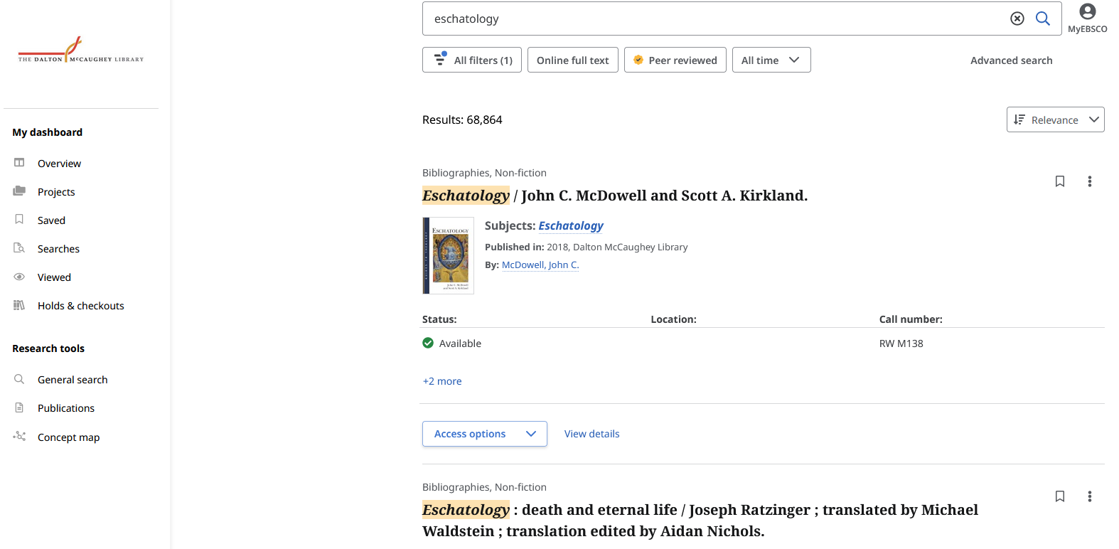 An example results page for a Combined search for 'eschatology'
