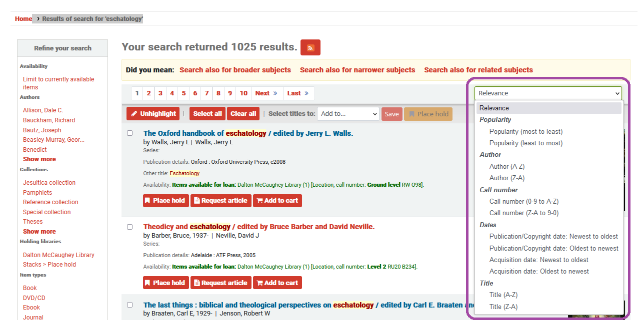 DML Catalogue drop down results organisation options